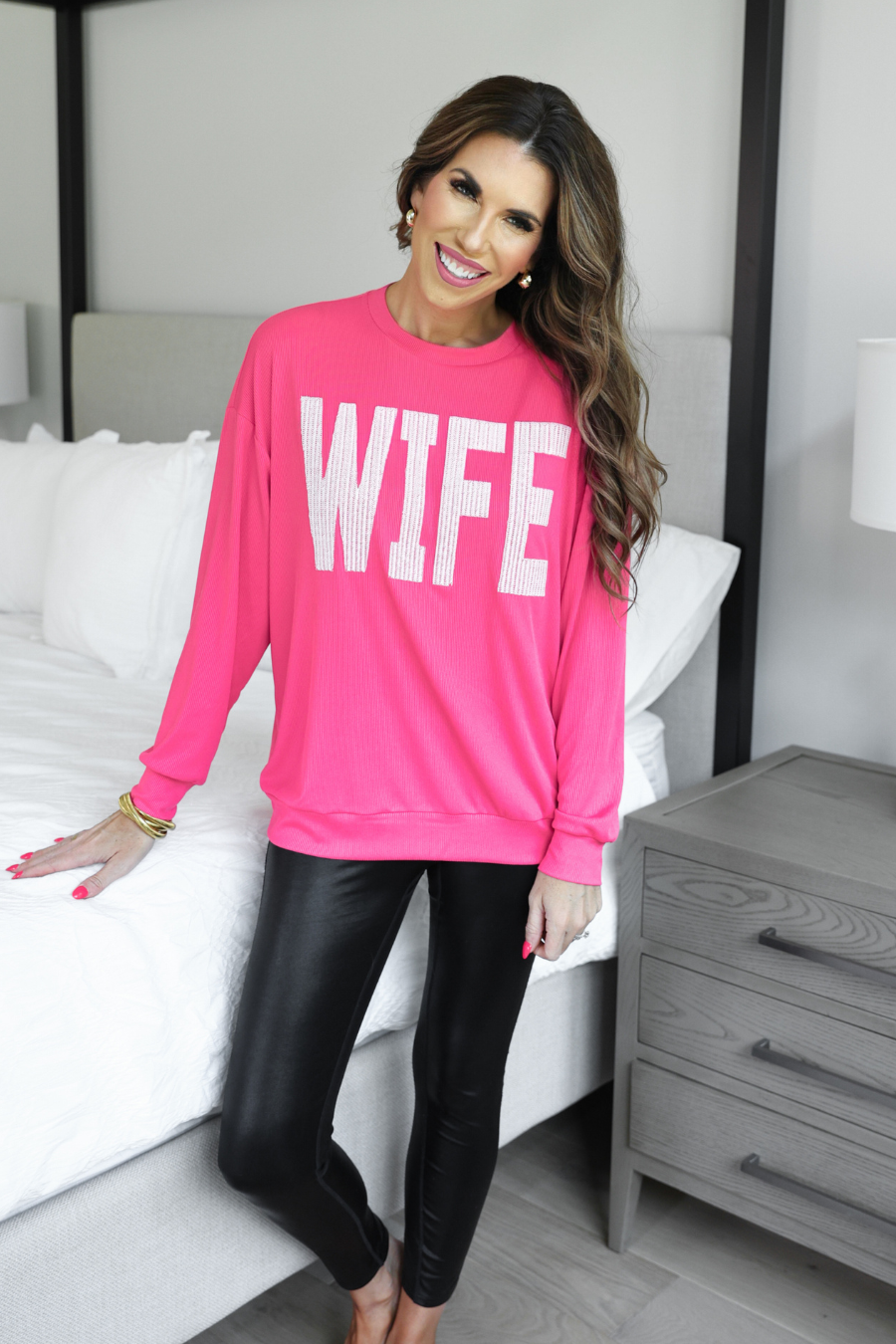 Wife Embroidered Ribbed Pullover