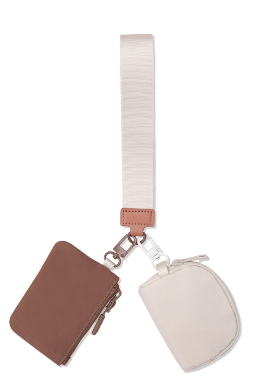 Double Pouch Wristlet, Brown/Ivory