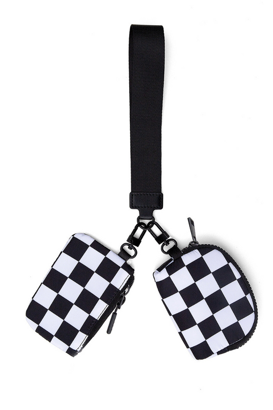 Double Pouch Wristlet, Black/White Checkered