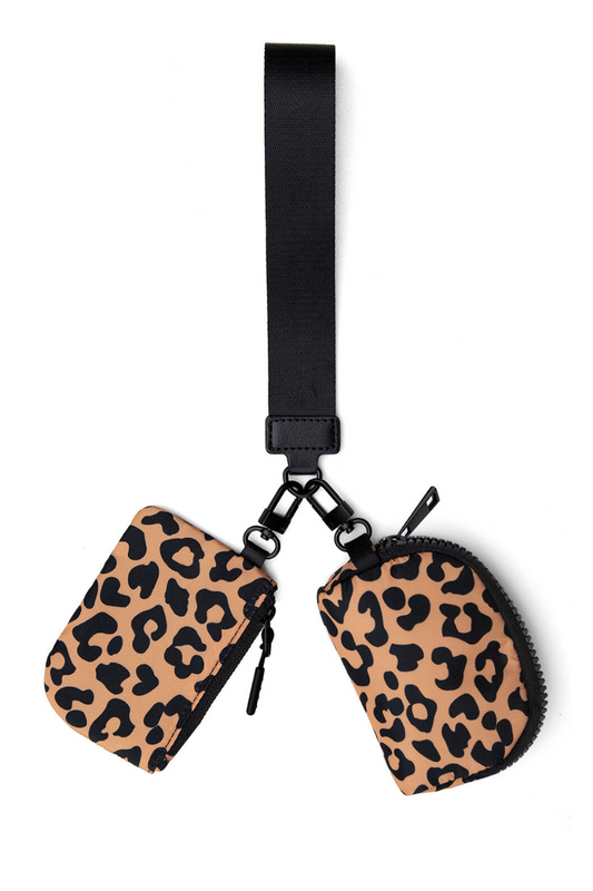 Double Pouch Wristlet, Brown Leopard